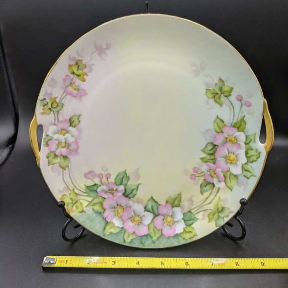 Wild Rose Cake Plate w Loves Trail Poem VTG 1941 Hand Painted Double Handle 10" - Picture 4 of 5